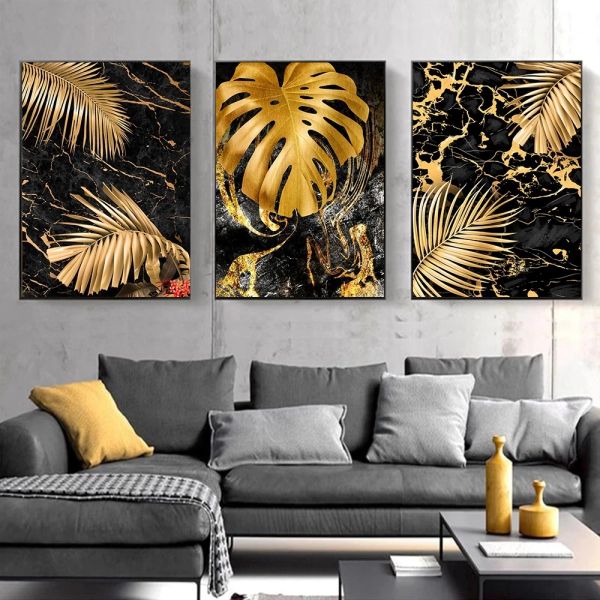 3pcs abstrair pôsteres de folhas douradas e impressões nórdicas Cuadro Painting Modern Wall Picture for Living Room Home Decoration