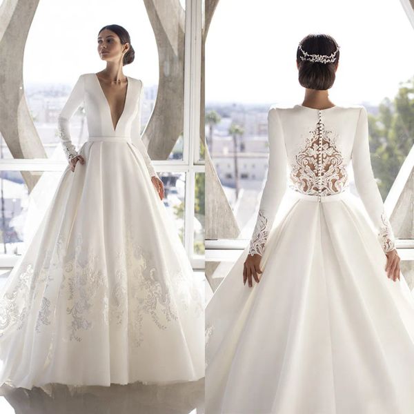 Nuovi abiti da sposa per abiti da ballo a V Deep Neck Long Maniche di seta in seta in raso da sposa abiti da spina su misura per lo sweep sweep