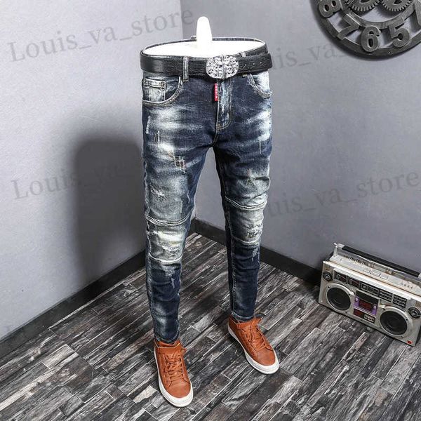 Herren Jeans Fashion Strtwear Ripped Jeans Männer Retro Blue Elastic Slim Fit Biker Jeans Homme Sticker Designer Hip Hop Denim Hosen Hombre T240409