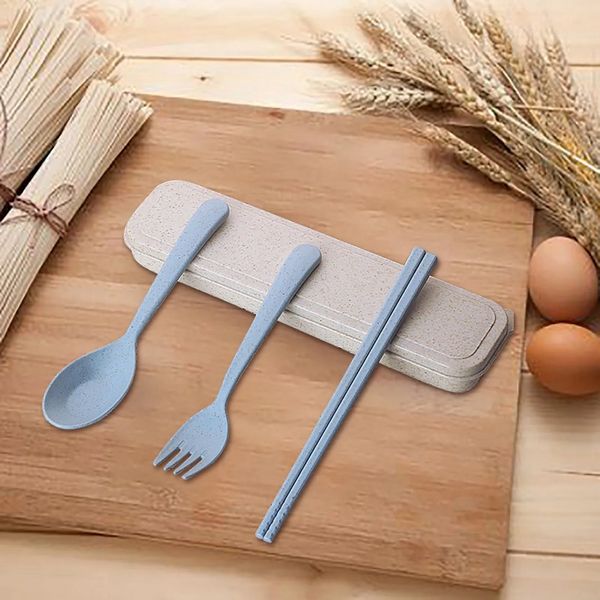 3pcs/Set Seyahat Serisi Taşınabilir Çatal Bıçak Kutusu Japonya Tarzı Buğday Saman Kaşık Çubuk Çatal Çatal Öğrenci Yemek Takımı Setleri Mutfak Tablo Buğday Saman Çatal Bıçaklar için