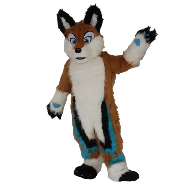Halloween Long Fur Husky Dog Fox Fursuit MASCOT Costume de adultos de trajes de cosplay figurinos de festas carnaval de desempenho de festas carnaval