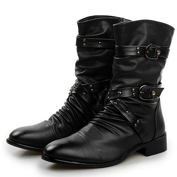 Couro alto 5 qualidade motociclista Black Punk Rock Shoes Men.