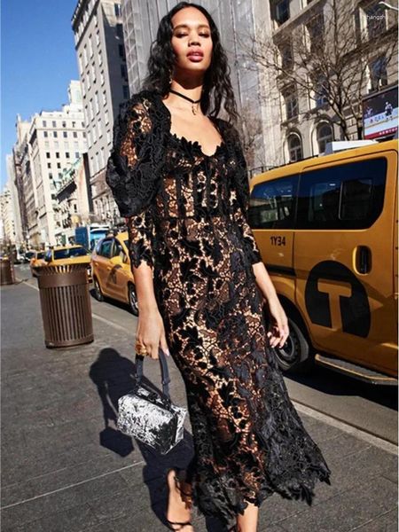 Vestidos casuais Mulheres de alta qualidade Celebridade Sexy Manga longa Puff Black Lace Midi Dress 2024 Elegant Evening Party Club Vestido