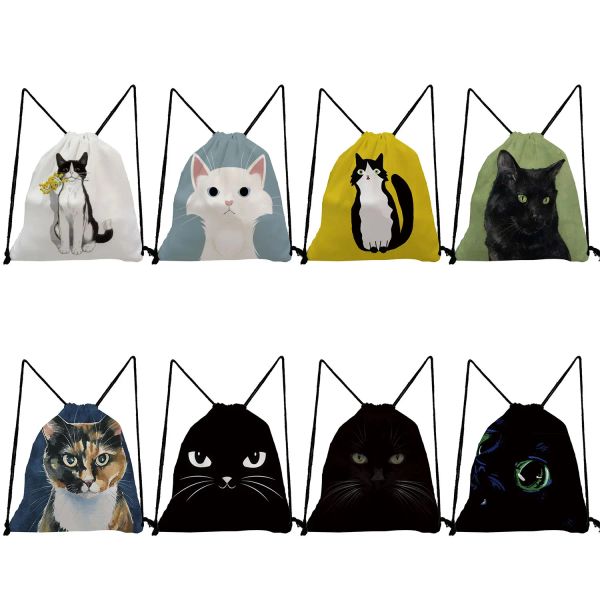Backpack Black Cat Print de alta capacidade Criança Pocket Pocket Cute Kawaii Animal Art Painting