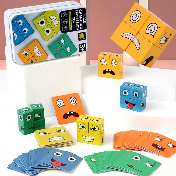 Espressione abbinamento di puzzle cubo cubo magico che cambia il viso bloccare i giocattoli in legno giocattoli da stress da stress per bambini