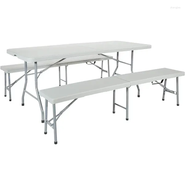 Camp Furniture Office Star Resina per interno o esterno Utilizzare set in 3 pezzi 2 panche pieghevoli e picnic da 6 piedi da tavolo
