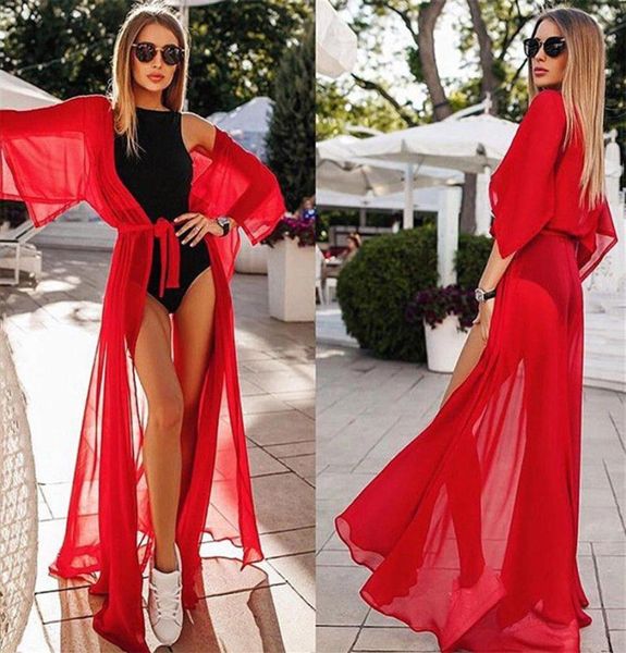Sexy Beach Long Kleid Sommer Frauen Red Robe Bikini Deck -Tunika Chiffon Seethrough Badeanzug Long Beachwear275e7493367