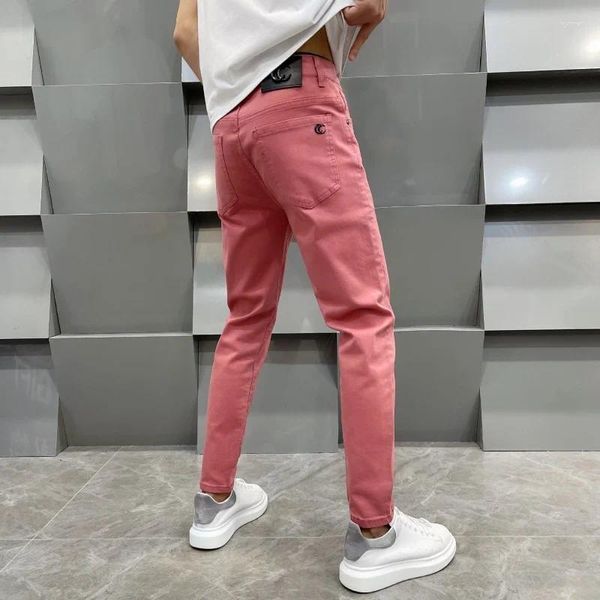 Jeans maschi rosa estate sottile leggero lussuoso lussuoso alla moda all-match slim fit pantaloni attillati a colore solido