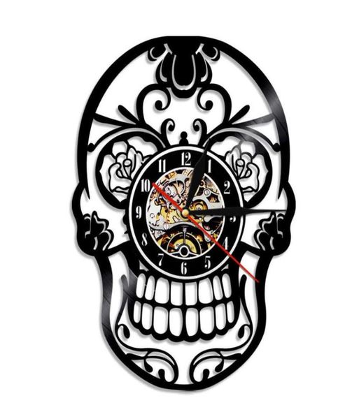 O dia de Dead Dia de Los Muerte México Skull Record Wall Clock com iluminação LED Gothic Sugar Skull Watch Home Decor X07266019487