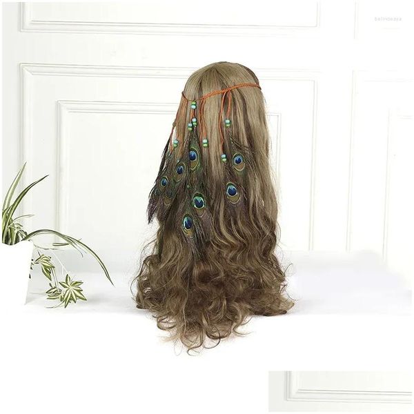 Clipes de cabelo Barrettes Bohemian Fashion Peacock Feather Band Hippie Acessórios étnicos Tassel toca -cocar joias jóias hairjewelr dh0og