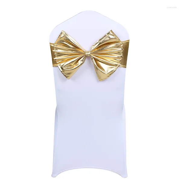 Camas de cadeira 10 PCs Banda de faixa metálica de spandex Gold Silver Lycra Casamento Bow Free Tie para El Banquet Decoration