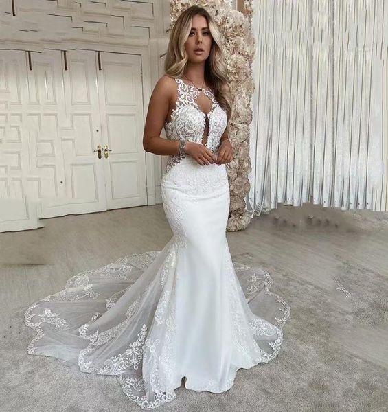 Apliques de renda completa de amelia sexy Apliques de sereia Vestidos de noiva 2021 Jewel Neck Chapel Train Plus Size Backless Bridal Party Distrans2599891