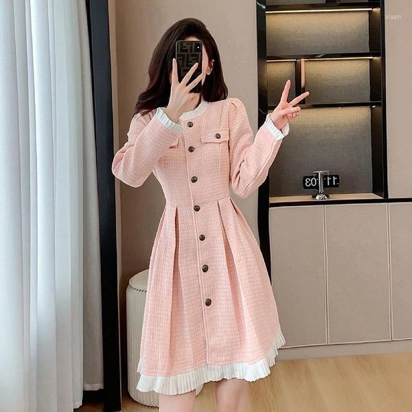 Vestidos casuais vestido tweed rosa mulheres elegantes luxo 2024 primavera e outono manga longa pescoço branco coreia