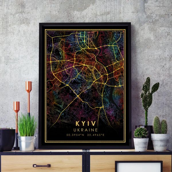 Kyiv Gold Roads Rainbow City Map Print Print Ukraine Poster Canvas Wall Art Black Pictures для гостиной