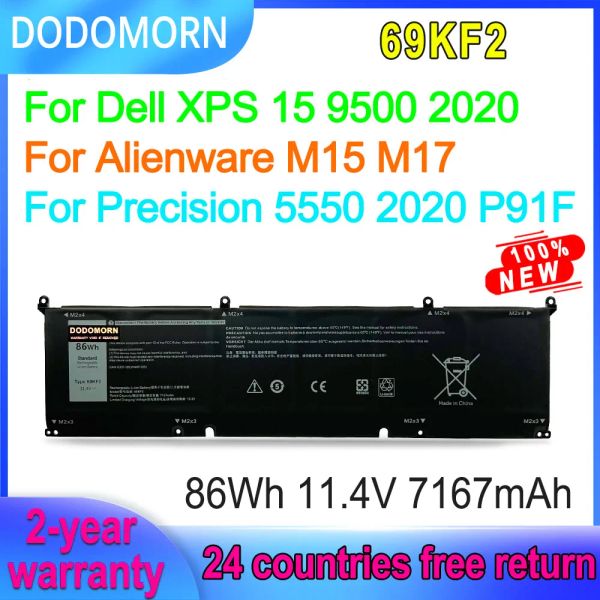 Batterie dodomorn 69kf2 70n2f batteria per laptop per Dell XPS 15 9500 2020/Precision 5550 2020 P91F per Alienware M15 M17 Serie 11.4V 86Wh