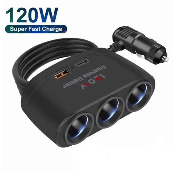 120W 3 in 1 Dual USB Socket USB A 3 Way Accendino Accendino Caricatore Auto Caricatore Adattatore di ricarica rapida per auto DVR GPS Dashcam U2Y3