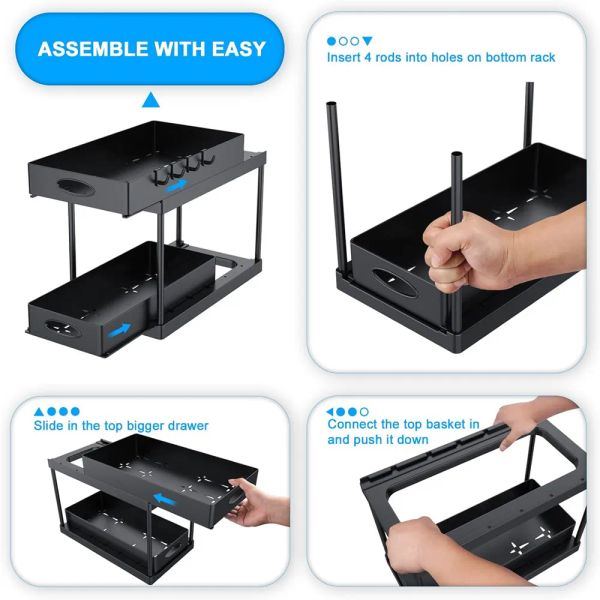 Sob organizador de pia com 2 gavetas deslizantes, rack de armazenamento de banheiro sob o armário, sob armazenamento do armário para cozinha e banheiro