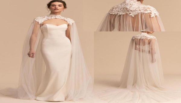 Applikationen weiße Tulle Brautkleider Cape Brautkleider langer Umhang billige Hochzeit Frauen formelle Verschleiß Braut Wrap3351467