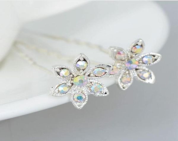 20 PCSPack Romantik Lüks Düğün Gümüş Renkli Çiçek Şekleli Parlak Kristal Rhinestone Saç Pimi Tiara Güzel Gelin Mücevherleri1978442