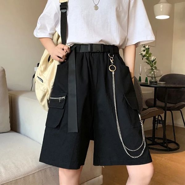 Rimocy Harajuku Chain Cargo Shorts Женщины летние большие карманы широкие ноги, женщина черная высокая талия, женщина 240403