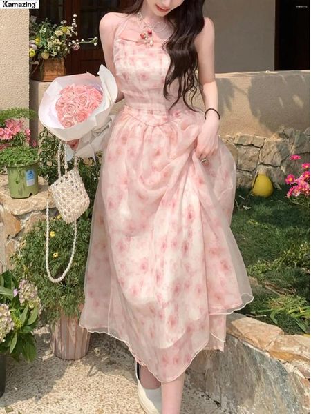 Abiti casual estate eleganti coreano dolce vestito rosa cazzo donna Y2K stampa in chiffon senza maniche vestidos vestiti da principessa fata