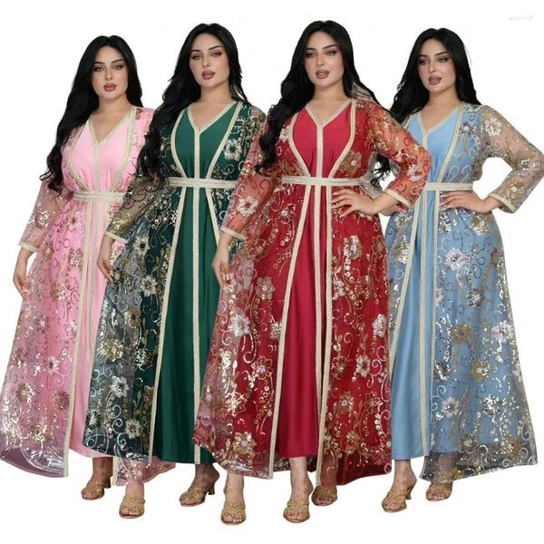 Roupas étnicas primavera muçulmana árabe estabeleceu vestido vintage para mulheres vestadan vestes femme manga longa dubai peru kaftan vestidos