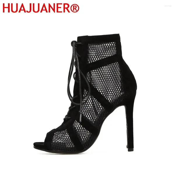 Sandals Fashion Show Black Net Suede Fabric Strap Sexy High Heel Sapatos Mulheres bombas