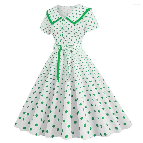Gelegenheitskleider Frauen gedrucktes Kleid Kurzärmele Vintage Prinzessin mit großem Hem -Kontrastfarbe Punkt Druck für Frauenparty