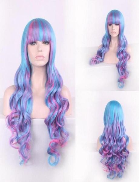 La parrucca anime europea e americana femminile lunghi capelli ricci di capelli ricci harajuku gradiente blu e viola pick tingeing big wave cestini8361746