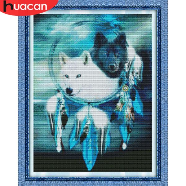 Pads Huacan Cross Wolf Dream Catcher Sticker Kits Animaldruck Canvas DMC Fäden Nadelhandwerk handgefertigtes Geschenk