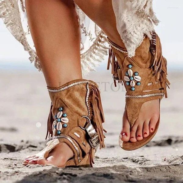 Sandálias Mulheres 2024 Retro Gladiator Ladies Clip Toe Botas Vintage Botas Casual Tassel Roma Sapatos de verão para feminino