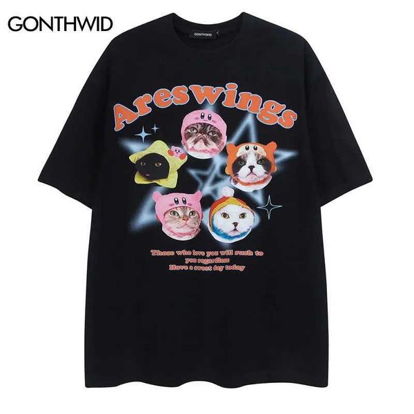 Erkek Tişörtler Harajuku T Shirt Street Giyim Komik Kediler Grafik Baskı Pamuk Gevşek Tshirt 2023 Erkek Hip Hop Moda Günlük Kısa Kollu Tee Teps J240409