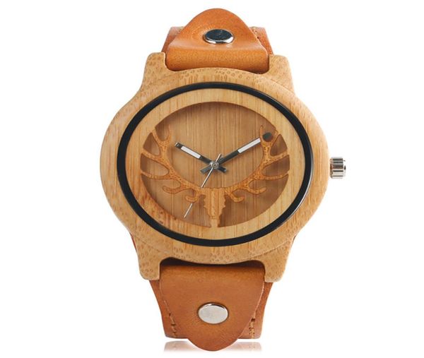 Steampunk de madeira natural relógios veado elk mostrador Men039s Bamboo Relógio de quartzo relógio de couro marrom preto Bracelet Strap presente8148052