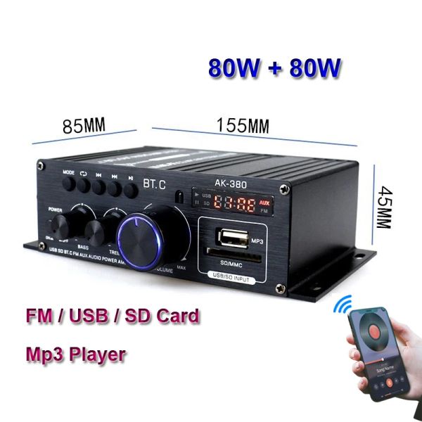 Amplificador 2*80W FM Radio MP3 player Audio BluetoothCompatible amplificador estéreo Equalizador estéreo Equalizador HiFi Classe D Digital MP3 Music Music Amp