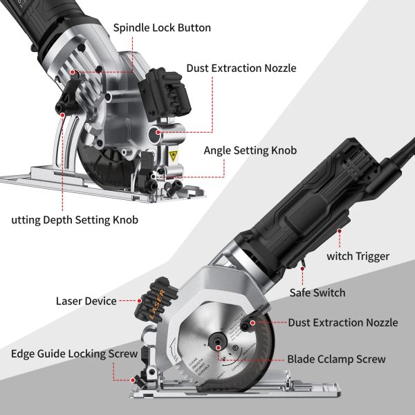 Mini serra circular elétrica de 4-1/2 polegadas serra circular compacta 3500rpm com guia de corte a laser para ladrilhos de madeira e cortes de plástico