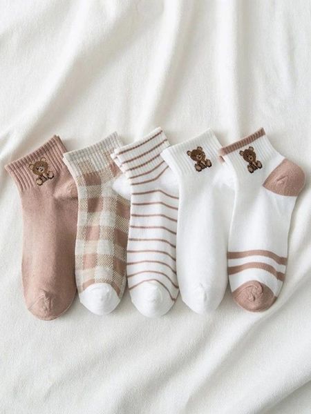 Frauen Socken 5 Paare Low Tube Set Striped Bärenmuster süß für modische stil