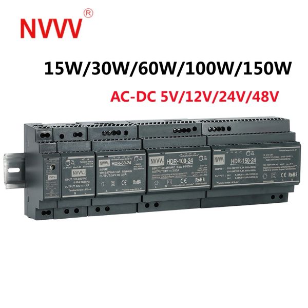 NVVV Series Series DIN RAIL PILEANG PINGERING PINGENT 24 В. ВВЕДИТЕЛЬНЫЙ ПРОВОД 15 Вт 30W 60 Вт 100 Вт 150 Вт AC-DC 12 В Стабилизатор напряжения трансформатор