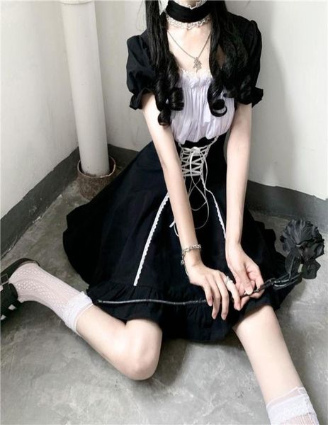 Abito giapponese Lolita Mall Goth Women Lace Up Punk Dark Academia Astetica Mini Abiti Black Kawaii Abiti gotici