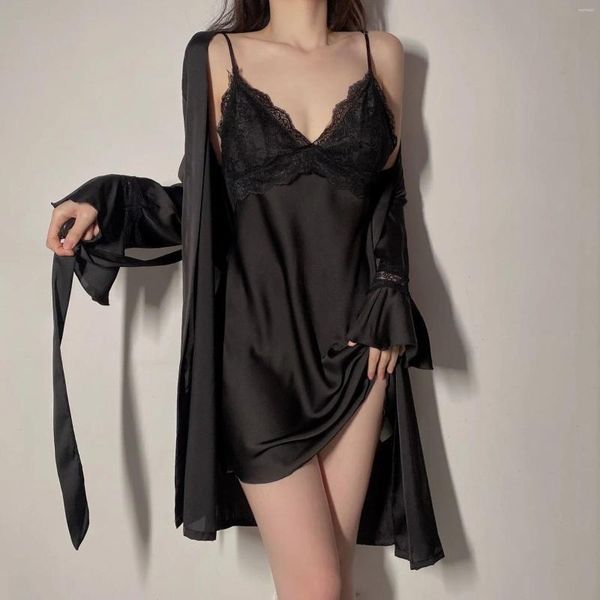 Ev Giyim Pembe Kadın Kimono Robe Elbise Setleri Seksi Siyah Dantel Mini Nightdress V-Neck hırka Batrobe uykulu iç çamaşırı yaz