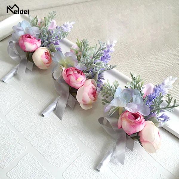 Dekorative Blumen Meldel Hochzeitsarmband für Brautjungfer Seidenrosen Braut Handgelenk Corsage Blume Pink Accessoires Ehe Ehe