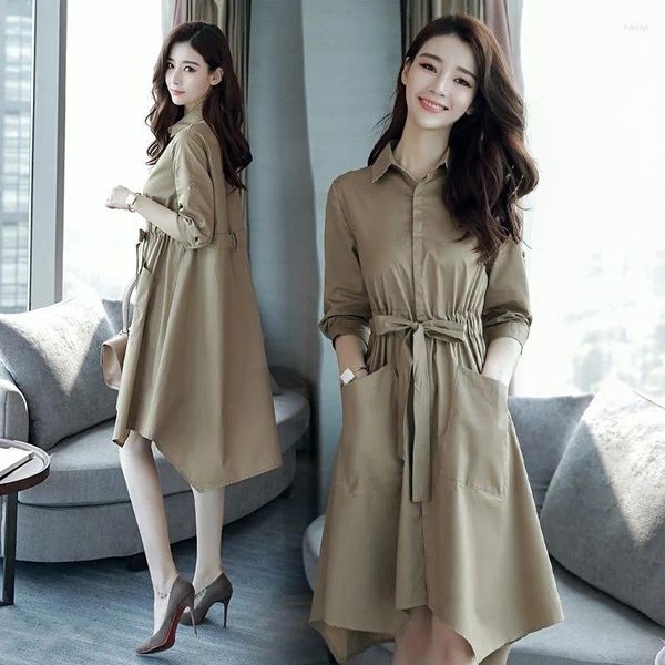 Vestidos casuais Vestido médio de verão feminino elegante estilo coreano fino primavera e casaco feminino de outono, além de roupas para mulheres quebra -vento
