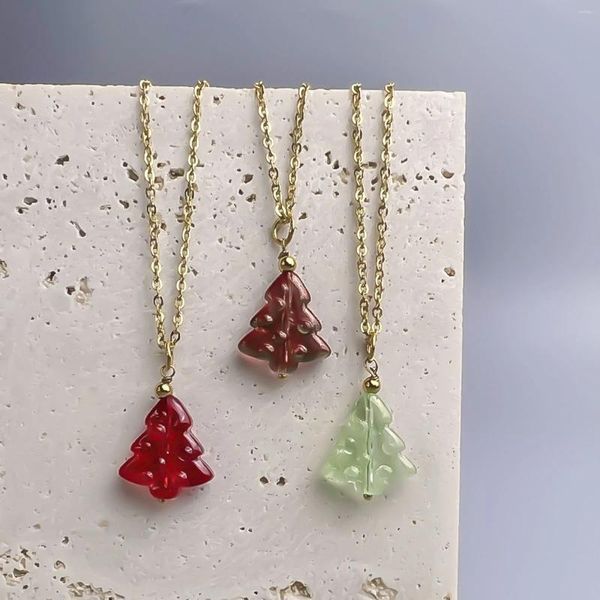 Anhänger Halskette Glas Weihnachtsbaum Edelstahlkettenkette für Frauen grün Red Mode Charms Schmuck 40 cm 1 Stück