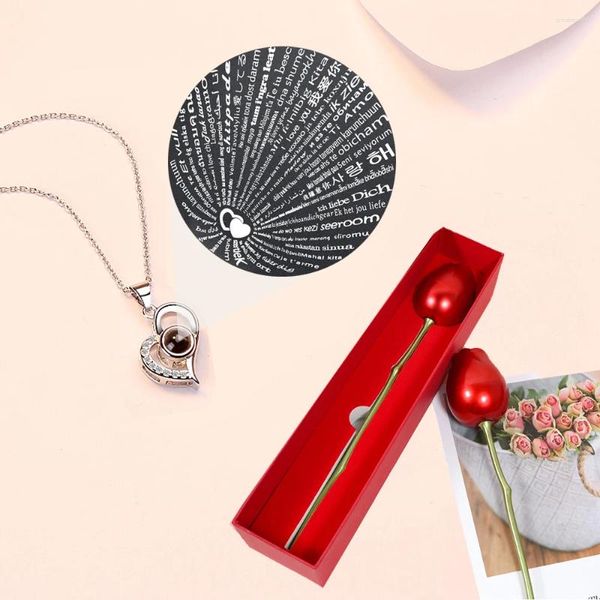 Anhänger Halskette 100 Sprachen Ich liebe dich Projektion Halskette mit Rose Geschenkbox für Freundin 2024 Valentine präsentiere Luxuszirkon