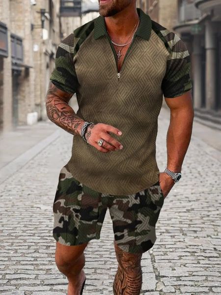 Fashion Summer Herren Tracksuit Kurzschlärm Polo -Shirt Set Sportswear Camouflage Clothing 2 Stück Freizeitanzug Streetwear Outfit 240407