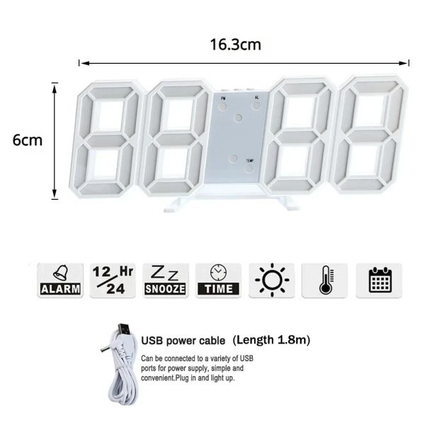 3D LED Digital Wall Clock Decor Diy Design Horloge com temperatura Alarmes de calendário eletrônico de temperatura para decoração da sala de casa