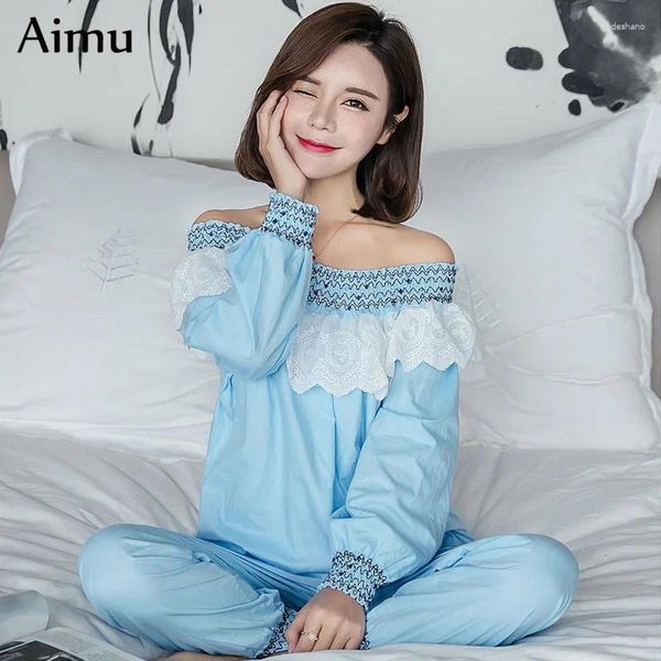 Pijama de roupas em casa Defina feminino renda de algodão macia moda de algodão outono de manga longa traje de roupa de dormir de 2 peças de lounge branca sexy azul