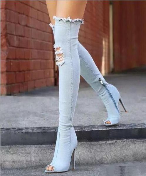 Sexy Boots Frauen Oberschenkel hohe Stiefel über den Knie High Bottes Peep Zehenpumpen Loch Blue Heels Zipper Jeans Schuhe Botas Mujer6943793