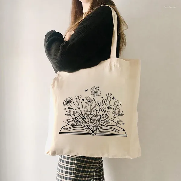 Sacchetti per la spesa 1 pc libri floreali motivi regalo tote bag per amante riutilizzabile pieghevole da donna in tela alla moda