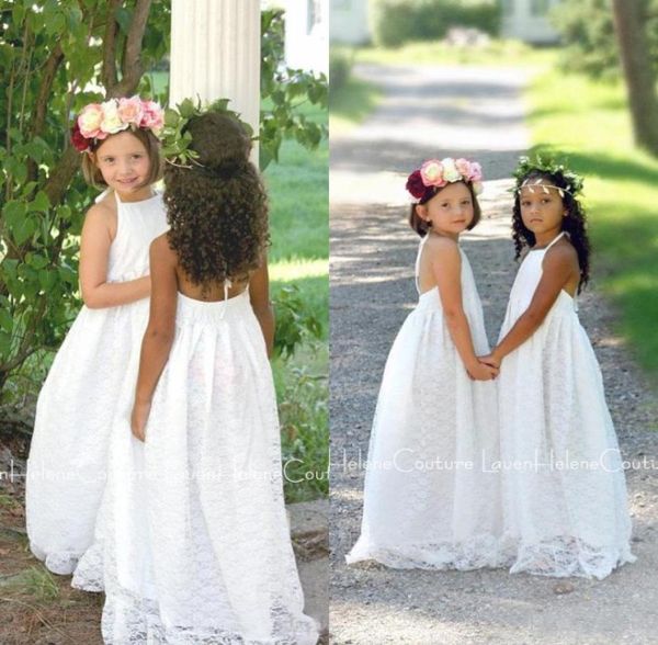 Beach Boho Flower Girls Dresss for Weddings 2017 Abbassino a buon mercato in pizzo completo Lunghezza del pavimento senza schienale First Communione Abiti personalizzati Made4075563 personalizzato