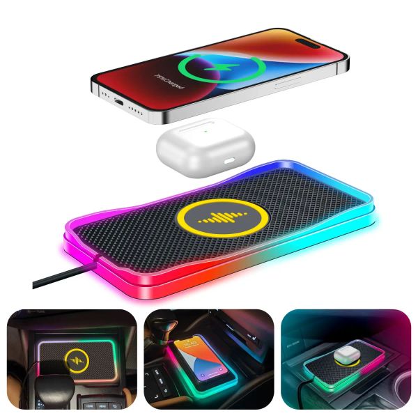 Chargers Caricatore wireless per auto, LED RGB Qi 15W Caricatore wireless per auto veloce per iPhone 14 13 12 Pro Max, pad di ricarica wireless per auto
